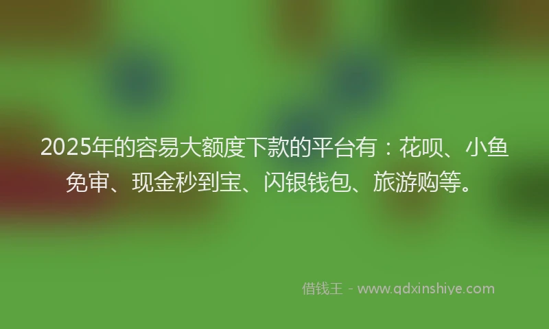 2025年的容易大额度下款的平台有：花呗、小鱼免审、现金秒到宝、闪银钱包、旅游购等。