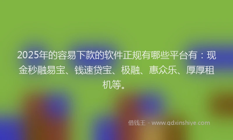 2025年的容易下款的软件正规有哪些平台有：现金秒融易宝、钱速贷宝、极融、惠众乐、厚厚租机等。