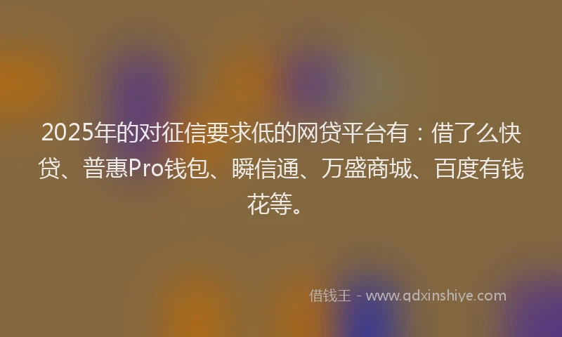 2025年的对征信要求低的网贷平台有：借了么快贷、普惠Pro钱包、瞬信通、万盛商城、百度有钱花等。