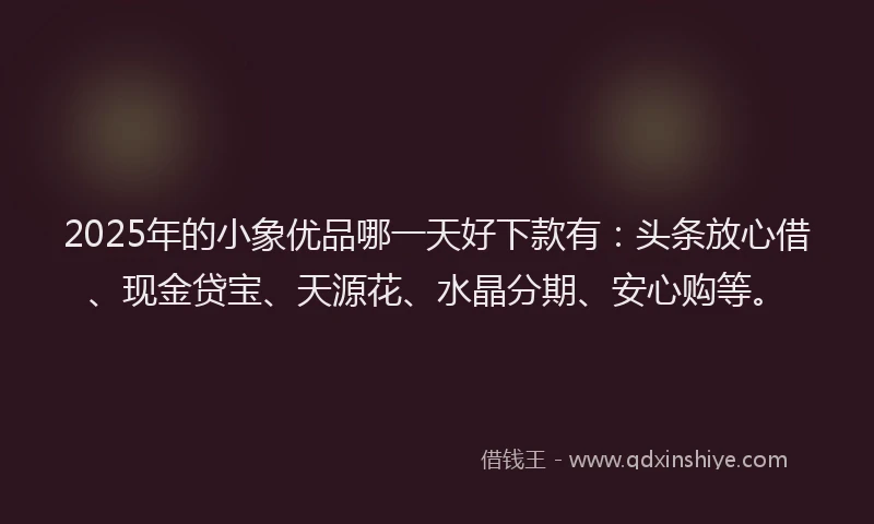 2025年的小象优品哪一天好下款有：头条放心借、现金贷宝、天源花、水晶分期、安心购等。