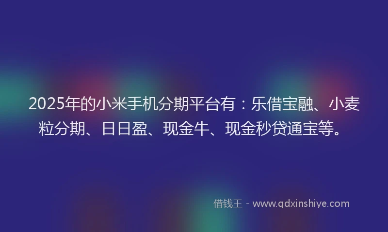 2025年的小米手机分期平台有：乐借宝融、小麦粒分期、日日盈、现金牛、现金秒贷通宝等。