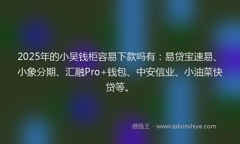 2025年的小吴钱柜容易下款吗有：易贷宝速易、小象分期、汇融Pro+钱包、中安信业、小油菜快贷等。