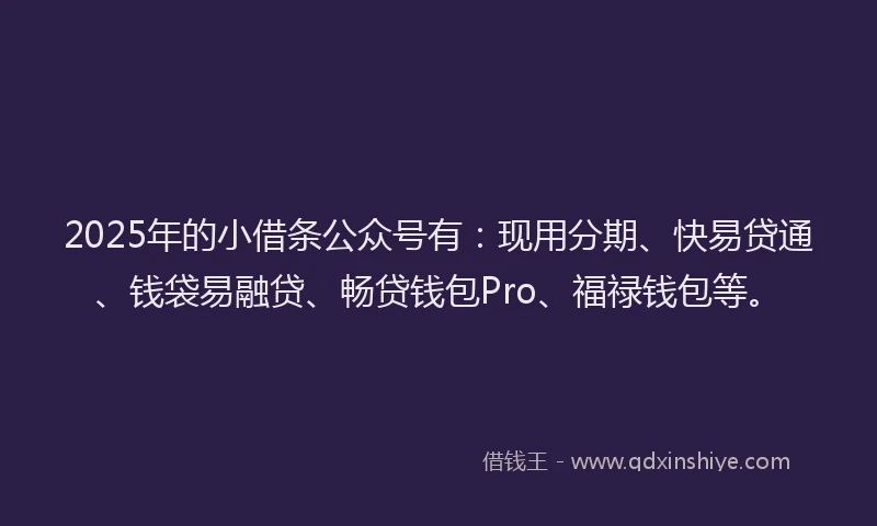2025年的小借条公众号有：现用分期、快易贷通、钱袋易融贷、畅贷钱包Pro、福禄钱包等。