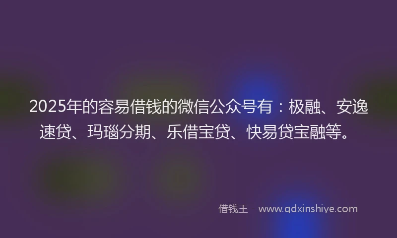 2025年的容易借钱的微信公众号有：极融、安逸速贷、玛瑙分期、乐借宝贷、快易贷宝融等。