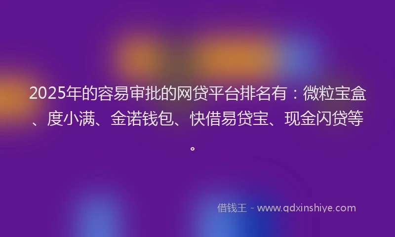 2025年的容易审批的网贷平台排名有：微粒宝盒、度小满、金诺钱包、快借易贷宝、现金闪贷等。