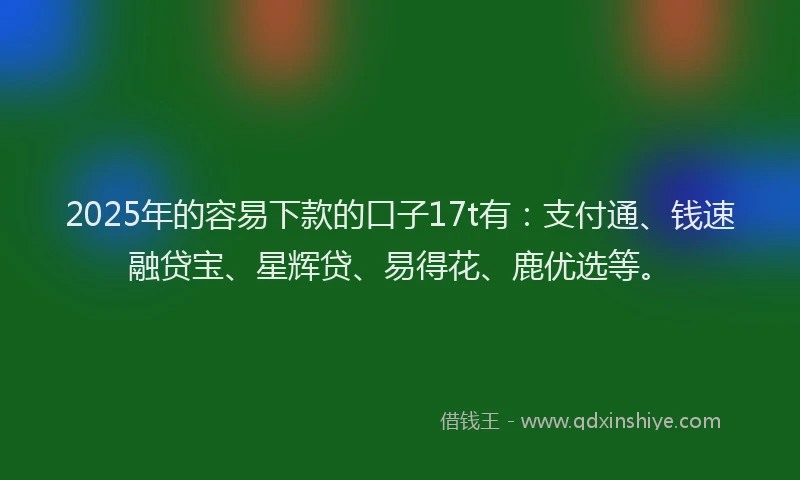 2025年的容易下款的口子17t有：支付通、钱速融贷宝、星辉贷、易得花、鹿优选等。