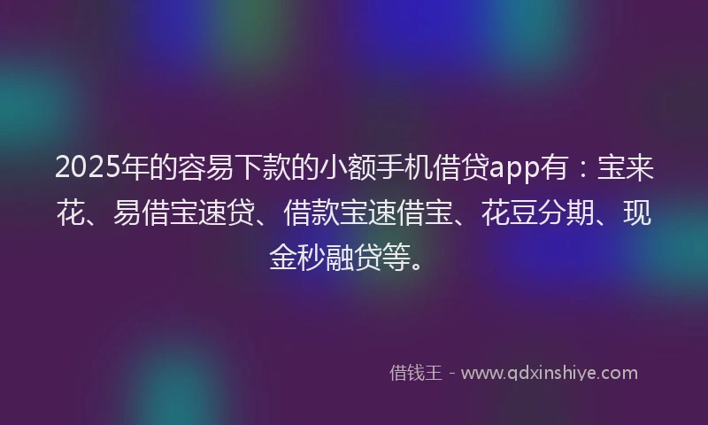 2025年的容易下款的小额手机借贷app有：宝来花、易借宝速贷、借款宝速借宝、花豆分期、现金秒融贷等。