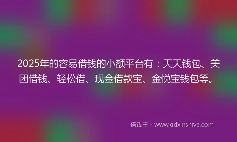 2025年的容易借钱的小额平台有：天天钱包、美团借钱、轻松借、现金借款宝、金悦宝钱包等。