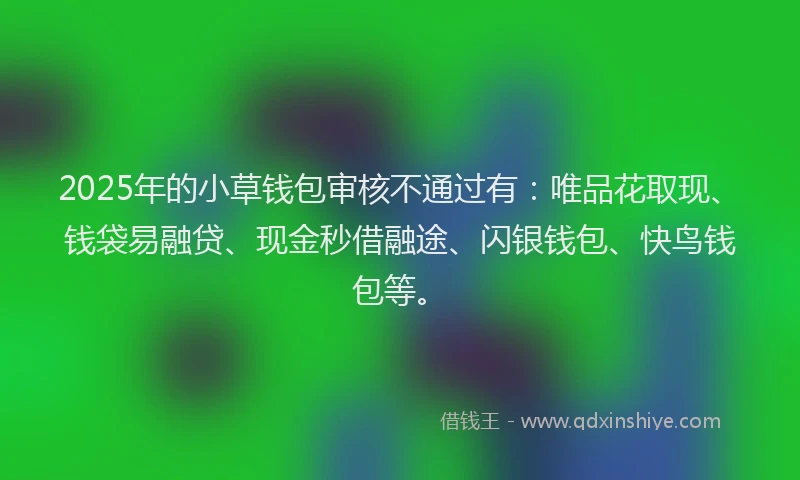 2025年的小草钱包审核不通过有：唯品花取现、钱袋易融贷、现金秒借融途、闪银钱包、快鸟钱包等。