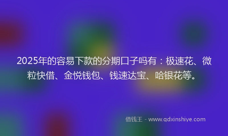 2025年的容易下款的分期口子吗有：极速花、微粒快借、金悦钱包、钱速达宝、哈银花等。