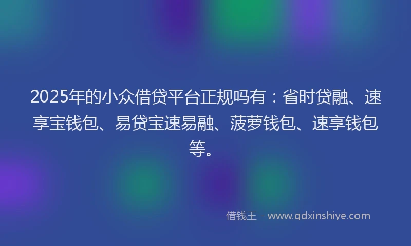 2025年的小众借贷平台正规吗有：省时贷融、速享宝钱包、易贷宝速易融、菠萝钱包、速享钱包等。