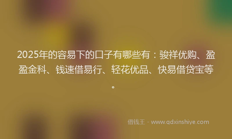 2025年的容易下的口子有哪些有：骏祥优购、盈盈金科、钱速借易行、轻花优品、快易借贷宝等。