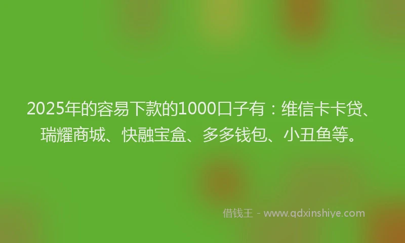 2025年的容易下款的1000口子有：维信卡卡贷、瑞耀商城、快融宝盒、多多钱包、小丑鱼等。