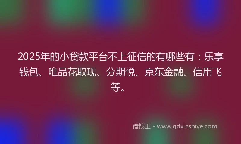 2025年的小贷款平台不上征信的有哪些有：乐享钱包、唯品花取现、分期悦、京东金融、信用飞等。
