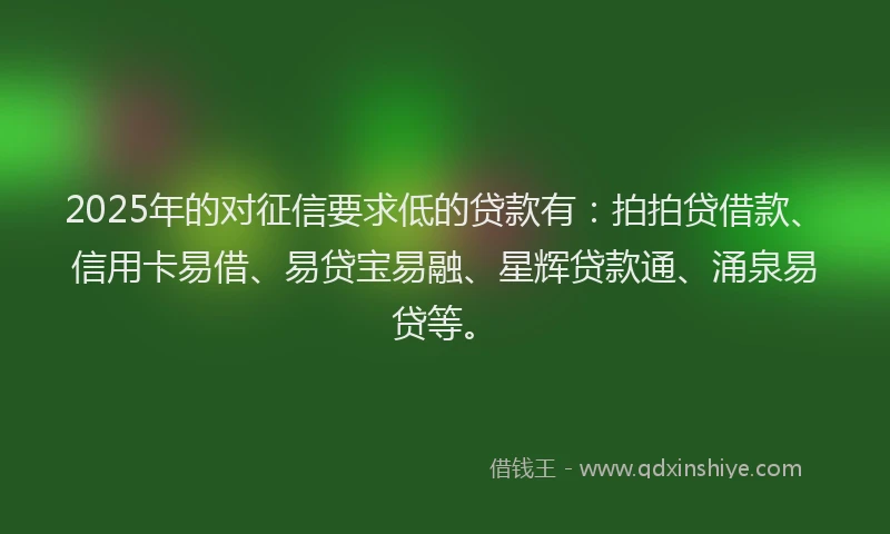 2025年的对征信要求低的贷款有：拍拍贷借款、信用卡易借、易贷宝易融、星辉贷款通、涌泉易贷等。