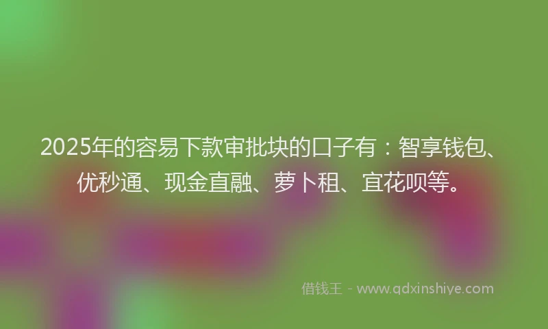 2025年的容易下款审批块的口子有：智享钱包、优秒通、现金直融、萝卜租、宜花呗等。