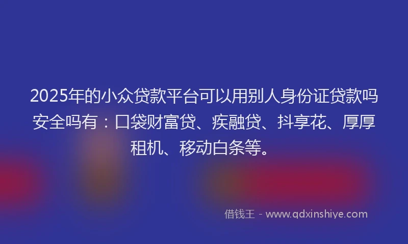 2025年的小众贷款平台可以用别人身份证贷款吗安全吗有：口袋财富贷、疾融贷、抖享花、厚厚租机、移动白条等。