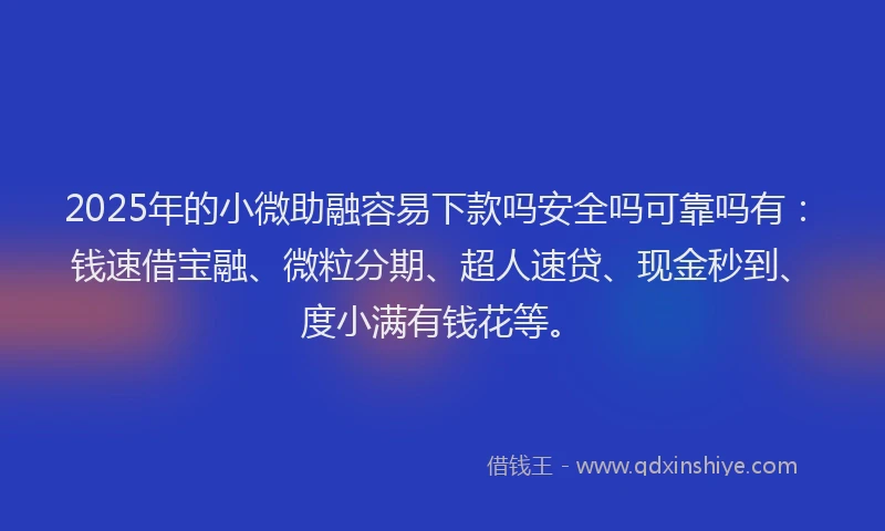 2025年的小微助融容易下款吗安全吗可靠吗有：钱速借宝融、微粒分期、超人速贷、现金秒到、度小满有钱花等。