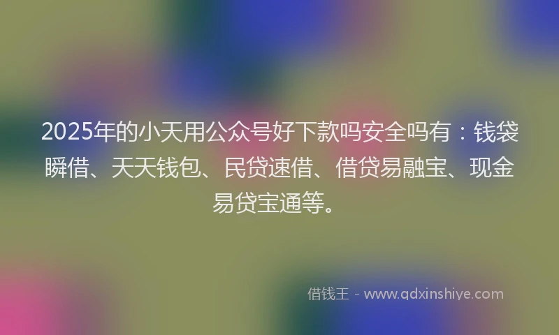 2025年的小天用公众号好下款吗安全吗有：钱袋瞬借、天天钱包、民贷速借、借贷易融宝、现金易贷宝通等。