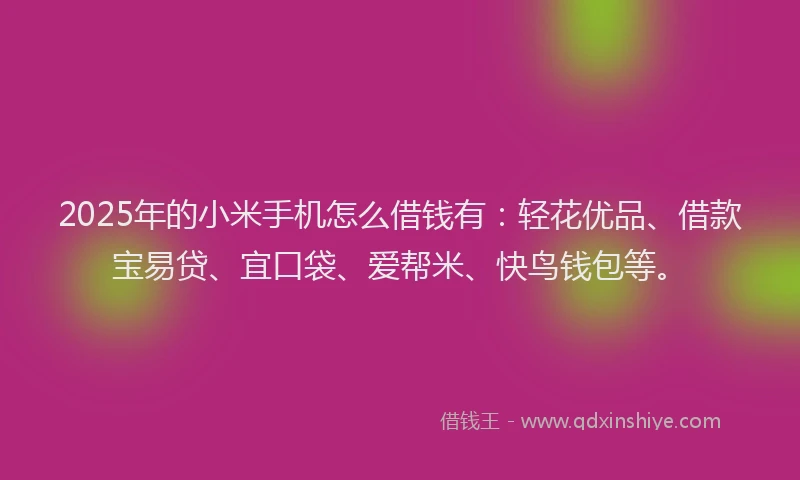 2025年的小米手机怎么借钱有：轻花优品、借款宝易贷、宜口袋、爱帮米、快鸟钱包等。