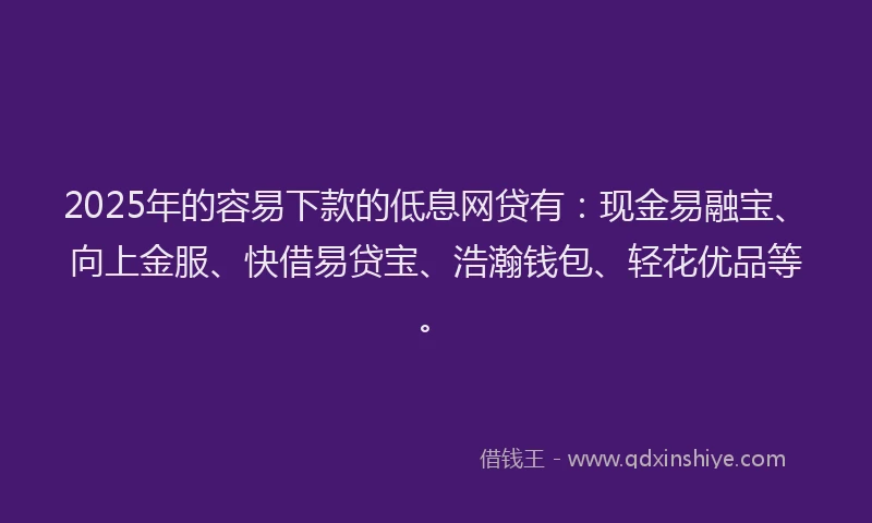 2025年的容易下款的低息网贷有：现金易融宝、向上金服、快借易贷宝、浩瀚钱包、轻花优品等。