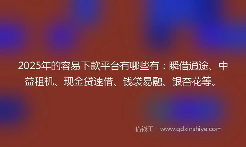 2025年的容易下款平台有哪些有：瞬借通途、中益租机、现金贷速借、钱袋易融、银杏花等。