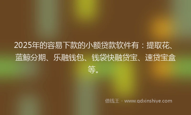 2025年的容易下款的小额贷款软件有：提取花、蓝鲸分期、乐融钱包、钱袋快融贷宝、速贷宝盒等。