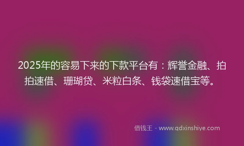 2025年的容易下来的下款平台有：辉誉金融、拍拍速借、珊瑚贷、米粒白条、钱袋速借宝等。