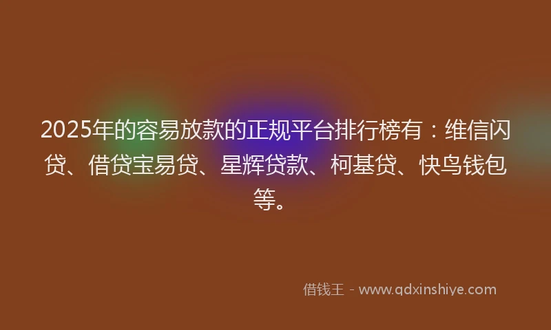 2025年的容易放款的正规平台排行榜有：维信闪贷、借贷宝易贷、星辉贷款、柯基贷、快鸟钱包等。