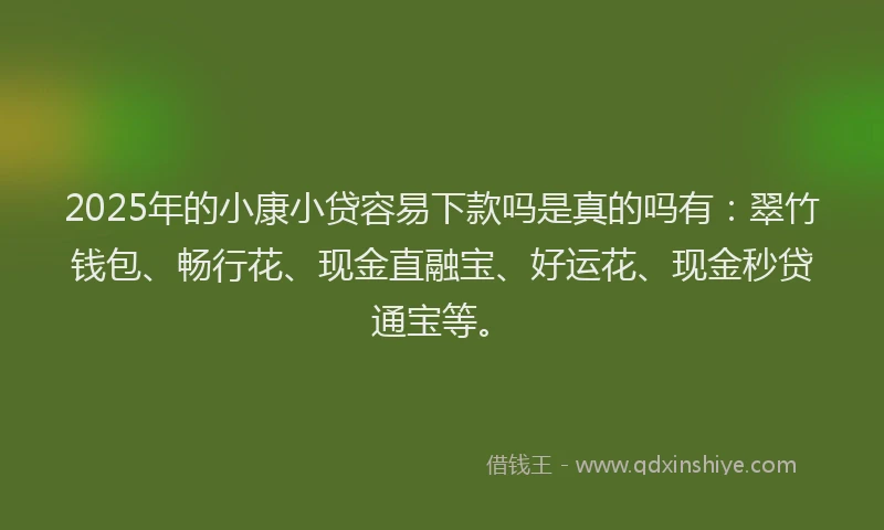 2025年的小康小贷容易下款吗是真的吗有：翠竹钱包、畅行花、现金直融宝、好运花、现金秒贷通宝等。