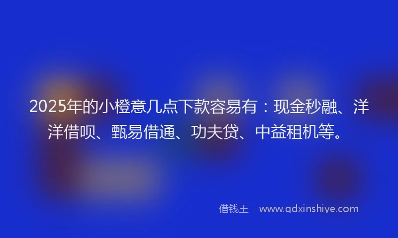 2025年的小橙意几点下款容易有：现金秒融、洋洋借呗、甄易借通、功夫贷、中益租机等。