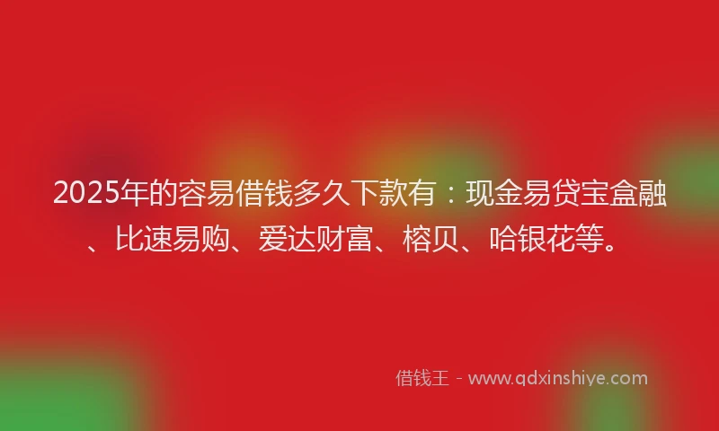 2025年的容易借钱多久下款有：现金易贷宝盒融、比速易购、爱达财富、榕贝、哈银花等。