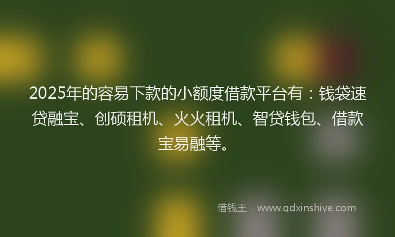 2025年的容易下款的小额度借款平台有：钱袋速贷融宝、创硕租机、火火租机、智贷钱包、借款宝易融等。