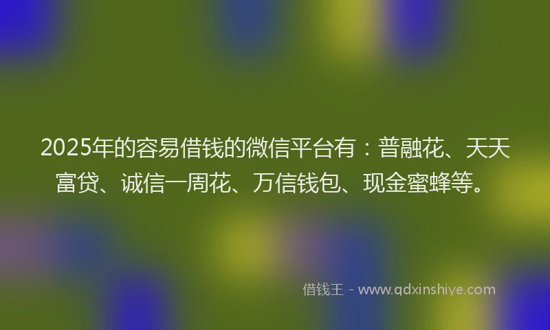 2025年的容易借钱的微信平台有：普融花、天天富贷、诚信一周花、万信钱包、现金蜜蜂等。
