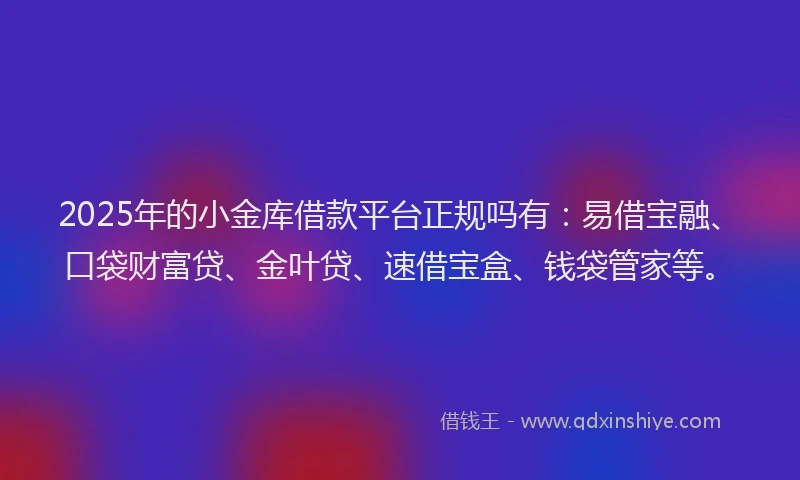 2025年的小金库借款平台正规吗有：易借宝融、口袋财富贷、金叶贷、速借宝盒、钱袋管家等。