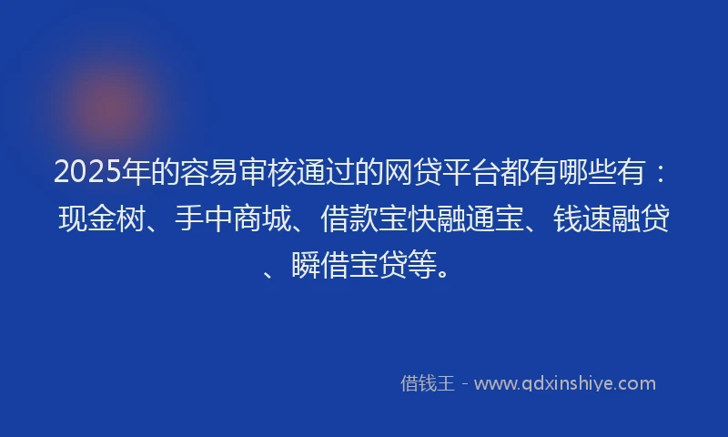 2025年的容易审核通过的网贷平台都有哪些有：现金树、手中商城、借款宝快融通宝、钱速融贷、瞬借宝贷等。