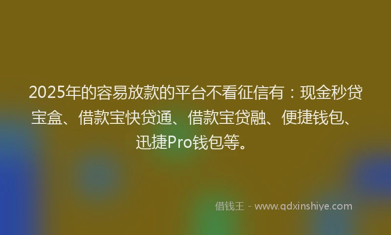 2025年的容易放款的平台不看征信有：现金秒贷宝盒、借款宝快贷通、借款宝贷融、便捷钱包、迅捷Pro钱包等。