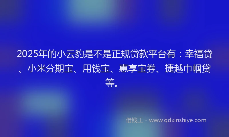2025年的小云豹是不是正规贷款平台有：幸福贷、小米分期宝、用钱宝、惠享宝券、捷越巾帼贷等。