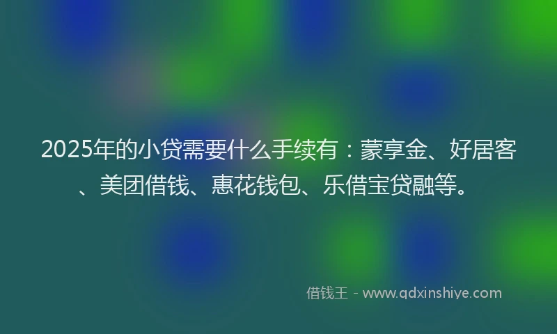 2025年的小贷需要什么手续有：蒙享金、好居客、美团借钱、惠花钱包、乐借宝贷融等。