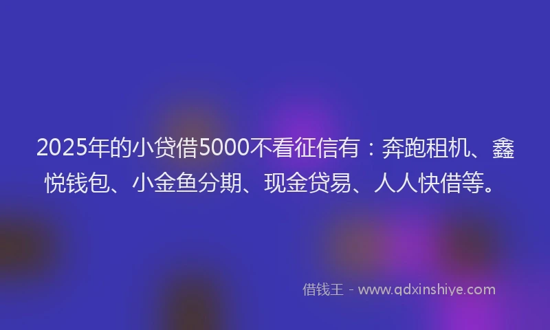 2025年的小贷借5000不看征信有：奔跑租机、鑫悦钱包、小金鱼分期、现金贷易、人人快借等。