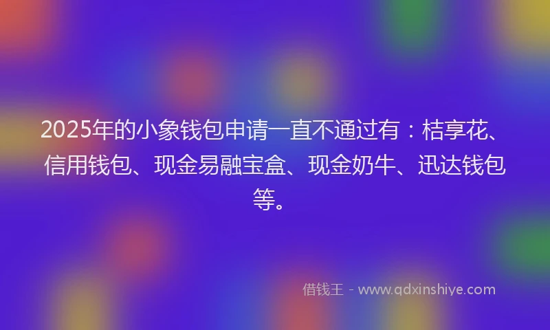 2025年的小象钱包申请一直不通过有：桔享花、信用钱包、现金易融宝盒、现金奶牛、迅达钱包等。
