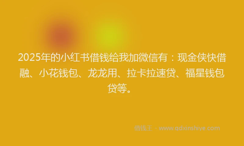 2025年的小红书借钱给我加微信有：现金侠快借融、小花钱包、龙龙用、拉卡拉速贷、福星钱包贷等。