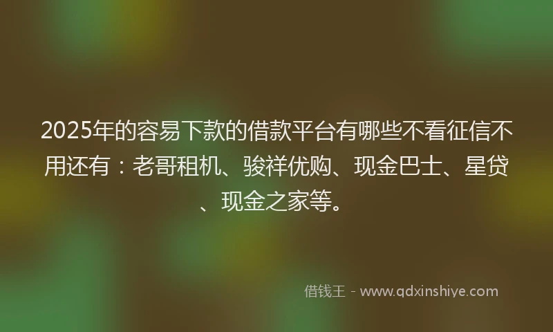 2025年的容易下款的借款平台有哪些不看征信不用还有：老哥租机、骏祥优购、现金巴士、星贷、现金之家等。