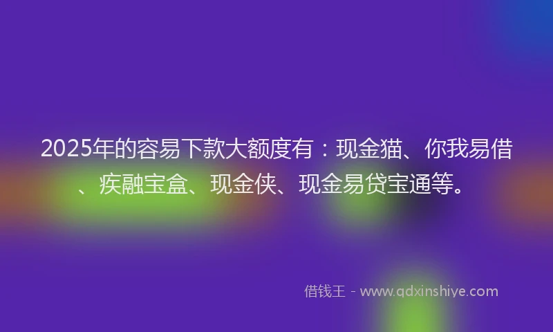 2025年的容易下款大额度有：现金猫、你我易借、疾融宝盒、现金侠、现金易贷宝通等。
