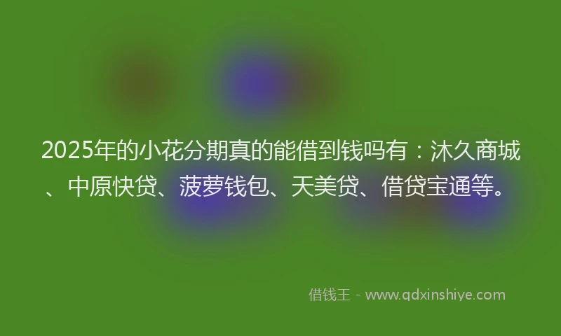 2025年的小花分期真的能借到钱吗有：沐久商城、中原快贷、菠萝钱包、天美贷、借贷宝通等。