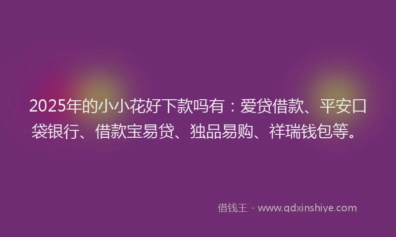 2025年的小小花好下款吗有：爱贷借款、平安口袋银行、借款宝易贷、独品易购、祥瑞钱包等。