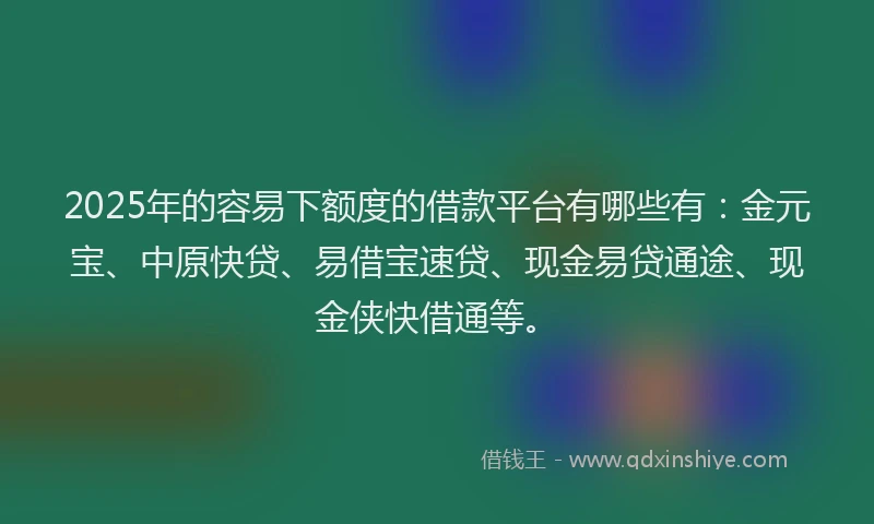 2025年的容易下额度的借款平台有哪些有：金元宝、中原快贷、易借宝速贷、现金易贷通途、现金侠快借通等。