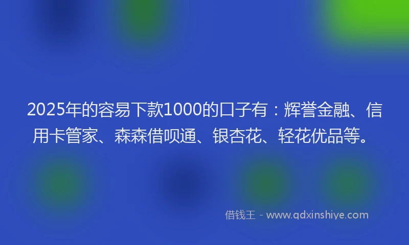 2025年的容易下款1000的口子有：辉誉金融、信用卡管家、森森借呗通、银杏花、轻花优品等。
