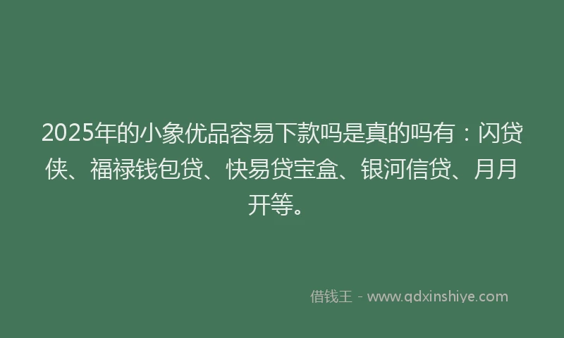 2025年的小象优品容易下款吗是真的吗有：闪贷侠、福禄钱包贷、快易贷宝盒、银河信贷、月月开等。