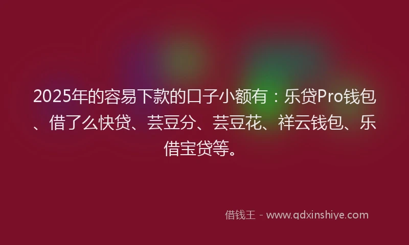 2025年的容易下款的口子小额有：乐贷Pro钱包、借了么快贷、芸豆分、芸豆花、祥云钱包、乐借宝贷等。